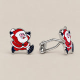 Pair of Santa Claus cufflinks with red and white details, polished silver-tone outlines and T-bar fastenings.