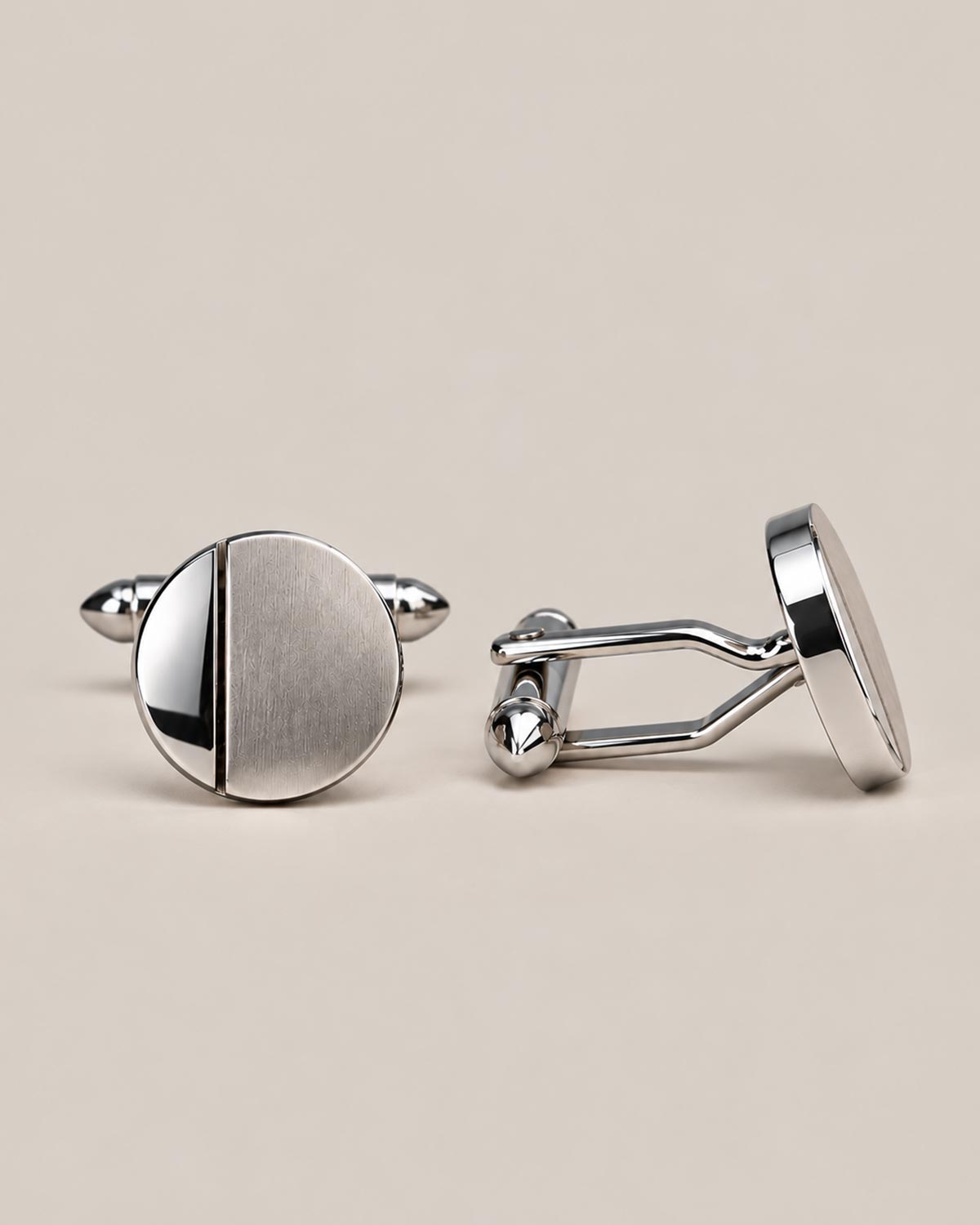 Round Brushed and Polished Silver-Tone Cufflinks.