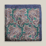 Green printed silk pocket square with large brown, ivory and muted blue paisley motifs and a contrasting navy border.