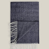 Blue pure wool scarf with a light-toned herringbone pattern and contrasting light fringes