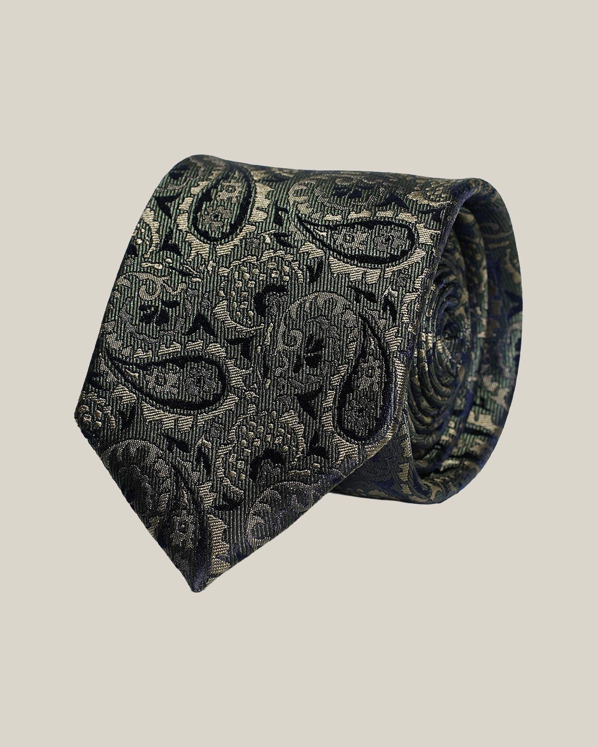 Dark green paisley 100% silk tie by Stockholm Kravatt, rolled detail view