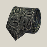 Dark green paisley 100% silk tie by Stockholm Kravatt, rolled detail view