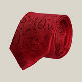 Red paisley 100% silk tie by Stockholm Kravatt, flat lay