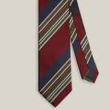 Front detail of burgundy and navy regimental stripe silk tie