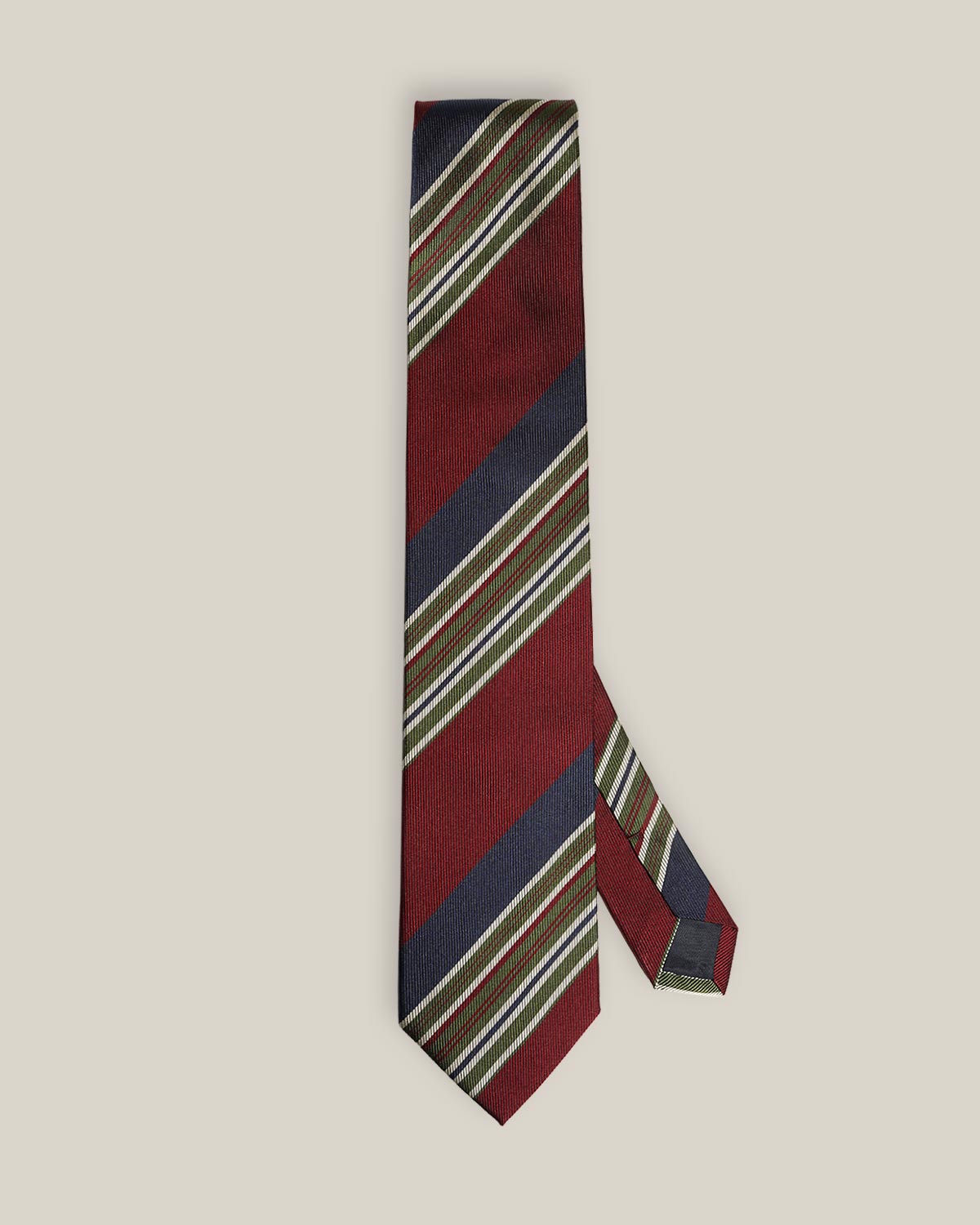 Full view of burgundy and navy silk tie with olive green and ivory diagonal stripes
