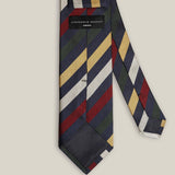 Back detail of navy striped silk tie with Stockholm Kravatt label and keeper loop