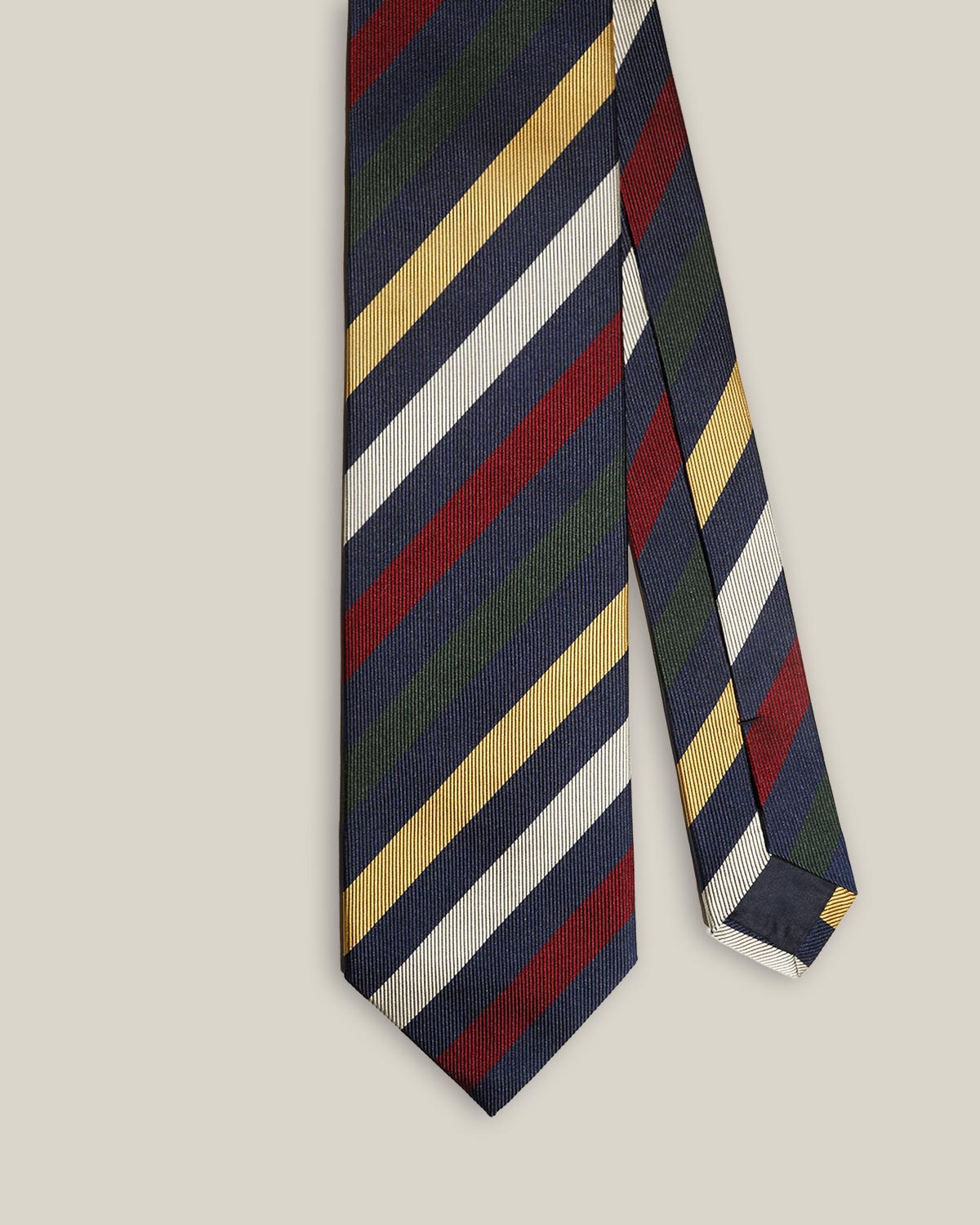 Front detail of navy multicolour regimental stripe silk tie