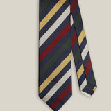 Front detail of navy multicolour regimental stripe silk tie