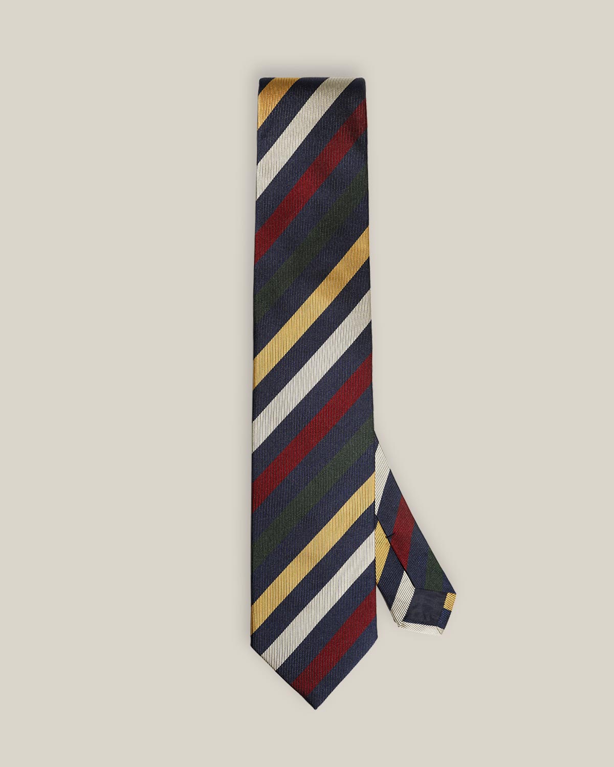 Full view of navy silk tie with yellow, ivory, burgundy and dark green diagonal stripes