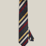 Full view of navy silk tie with yellow, ivory, burgundy and dark green diagonal stripes
