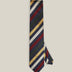 Full view of navy silk tie with yellow, ivory, burgundy and dark green diagonal stripes