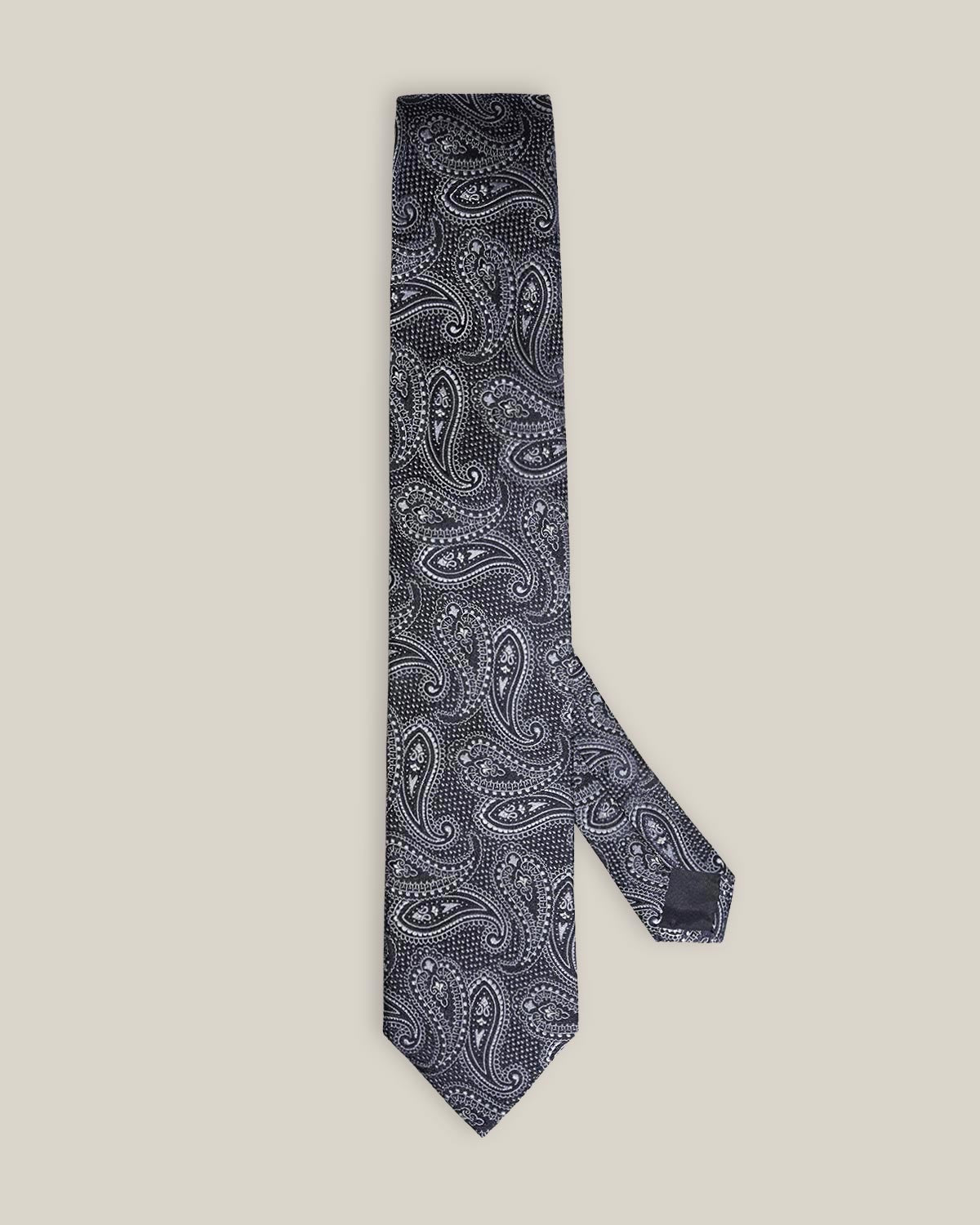 Navy woven silk tie with an intricate all-over silver paisley pattern