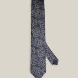 Navy woven silk tie with an intricate all-over silver paisley pattern