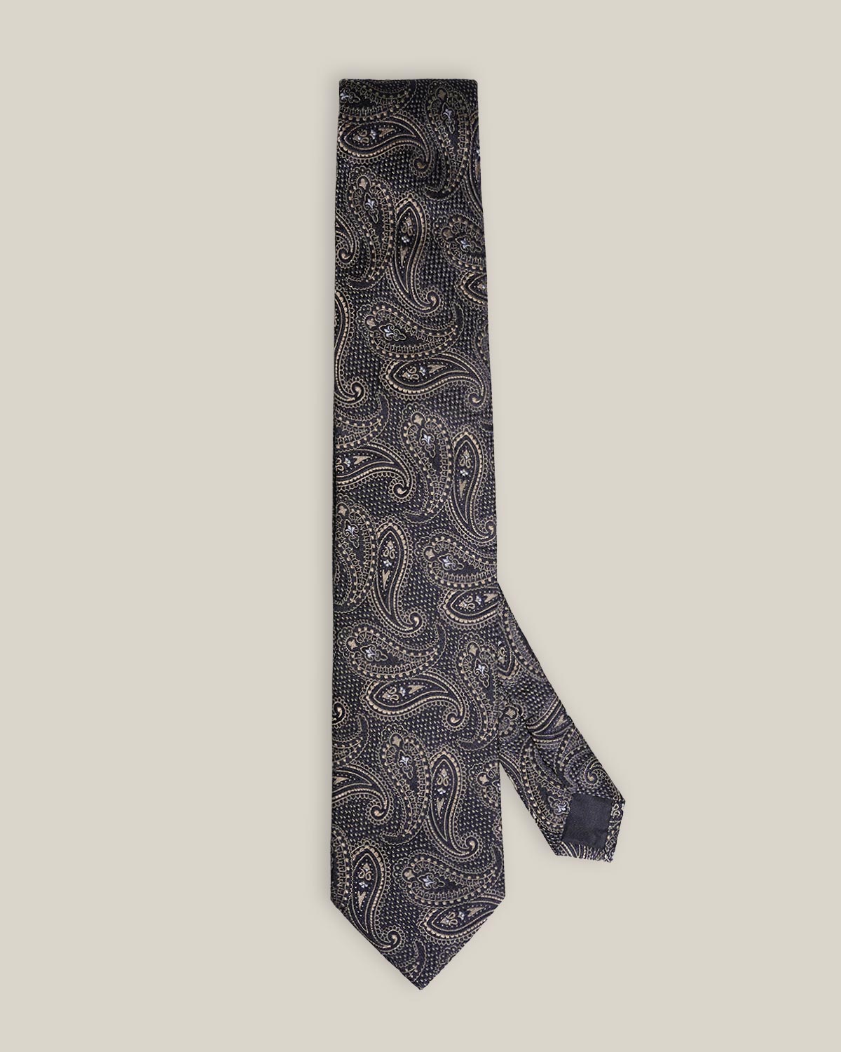 Navy blue woven silk tie with an intricate all-over brown paisley pattern
