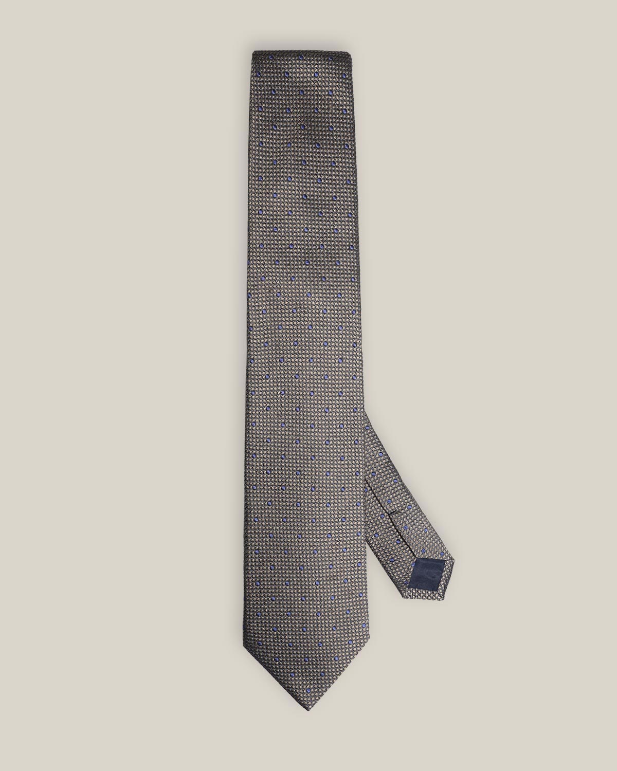 Beige and brown textured woven pure silk tie with small navy blue dots