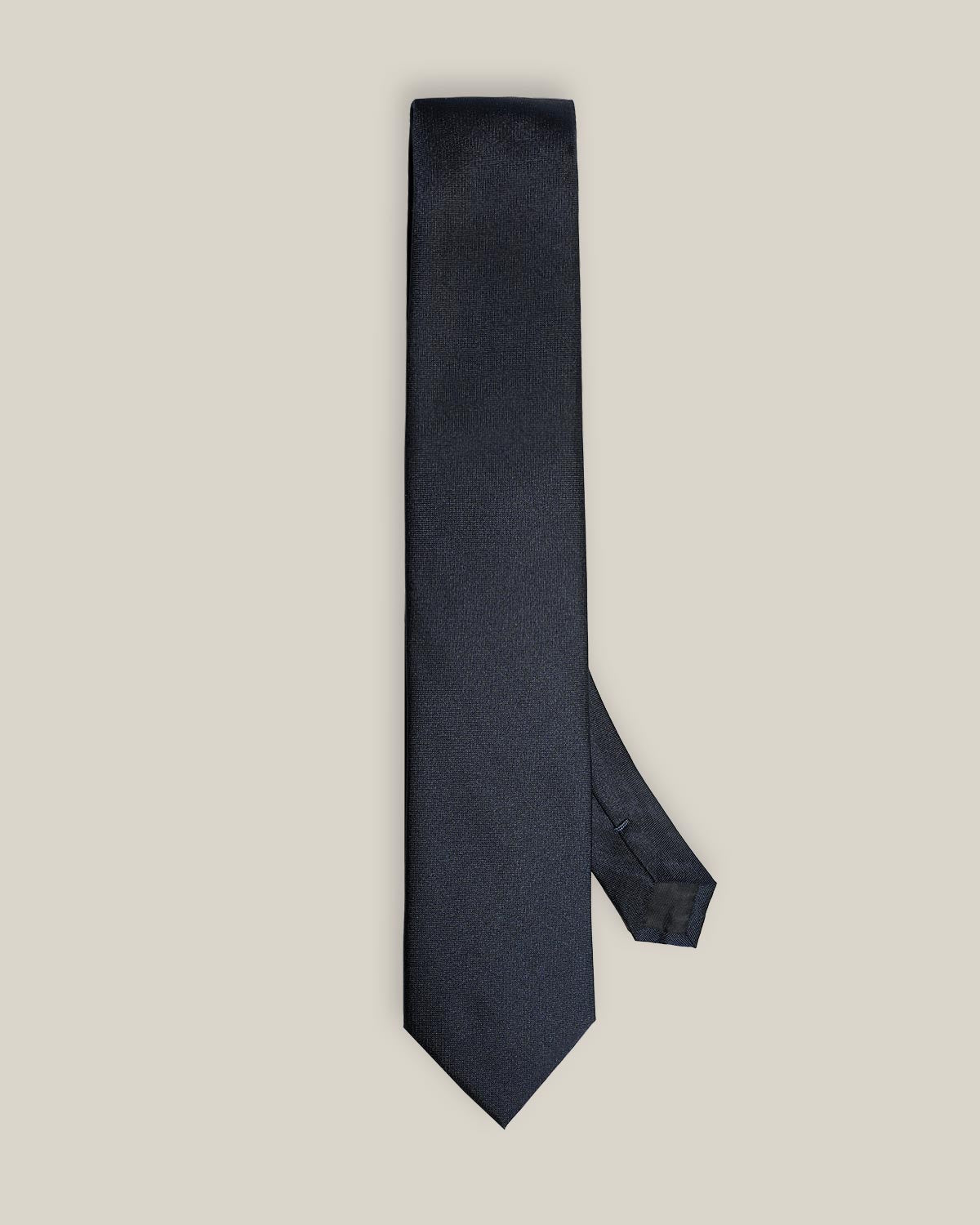 Full view of navy blue Oxford silk tie with subtle woven texture