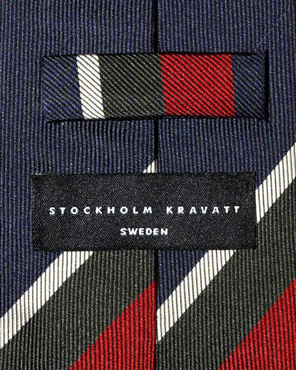 Navy Club Stripe Silk Tie — full length view