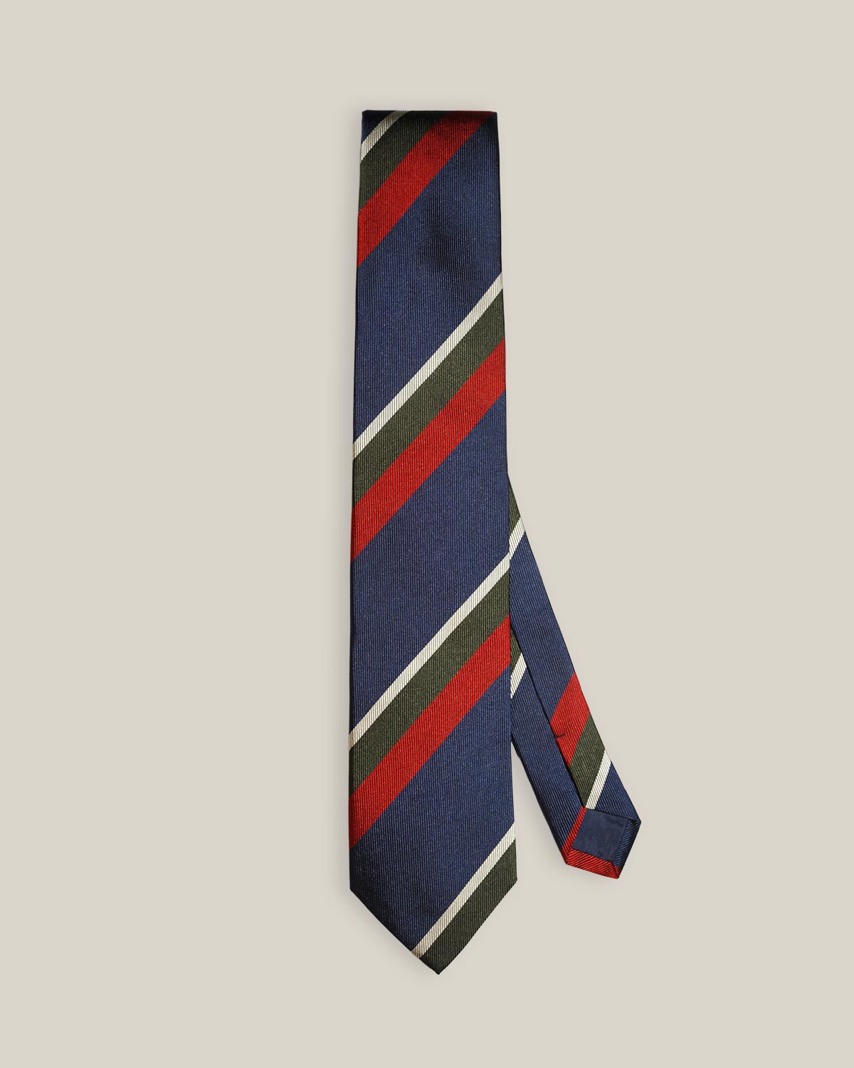 Navy Club Stripe Silk Tie — detail view with Stockholm Kravatt label