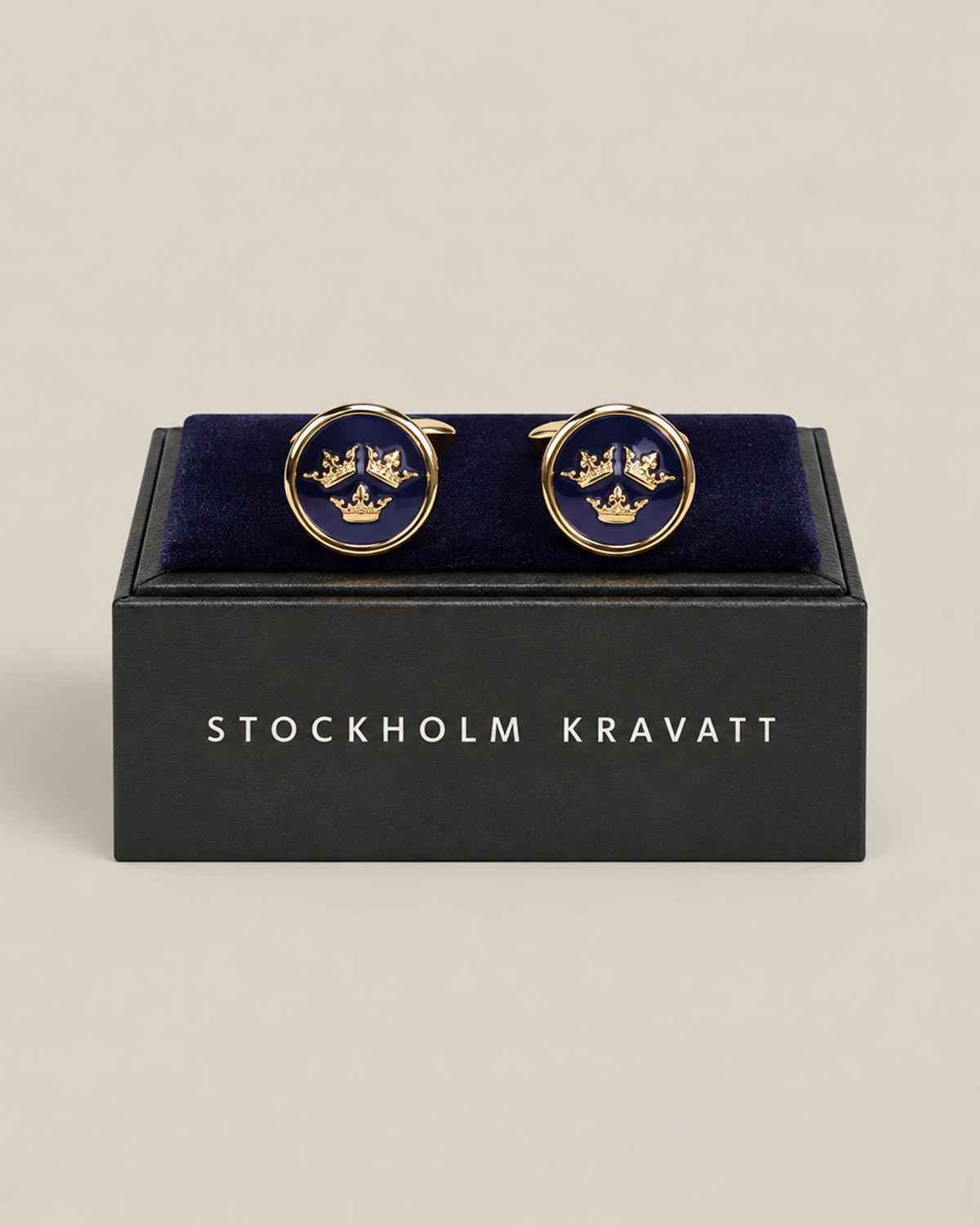Three Crowns Gold Enamel Cufflinks presented in a Stockholm Kravatt gift box