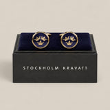 Three Crowns Gold Enamel Cufflinks presented in a Stockholm Kravatt gift box