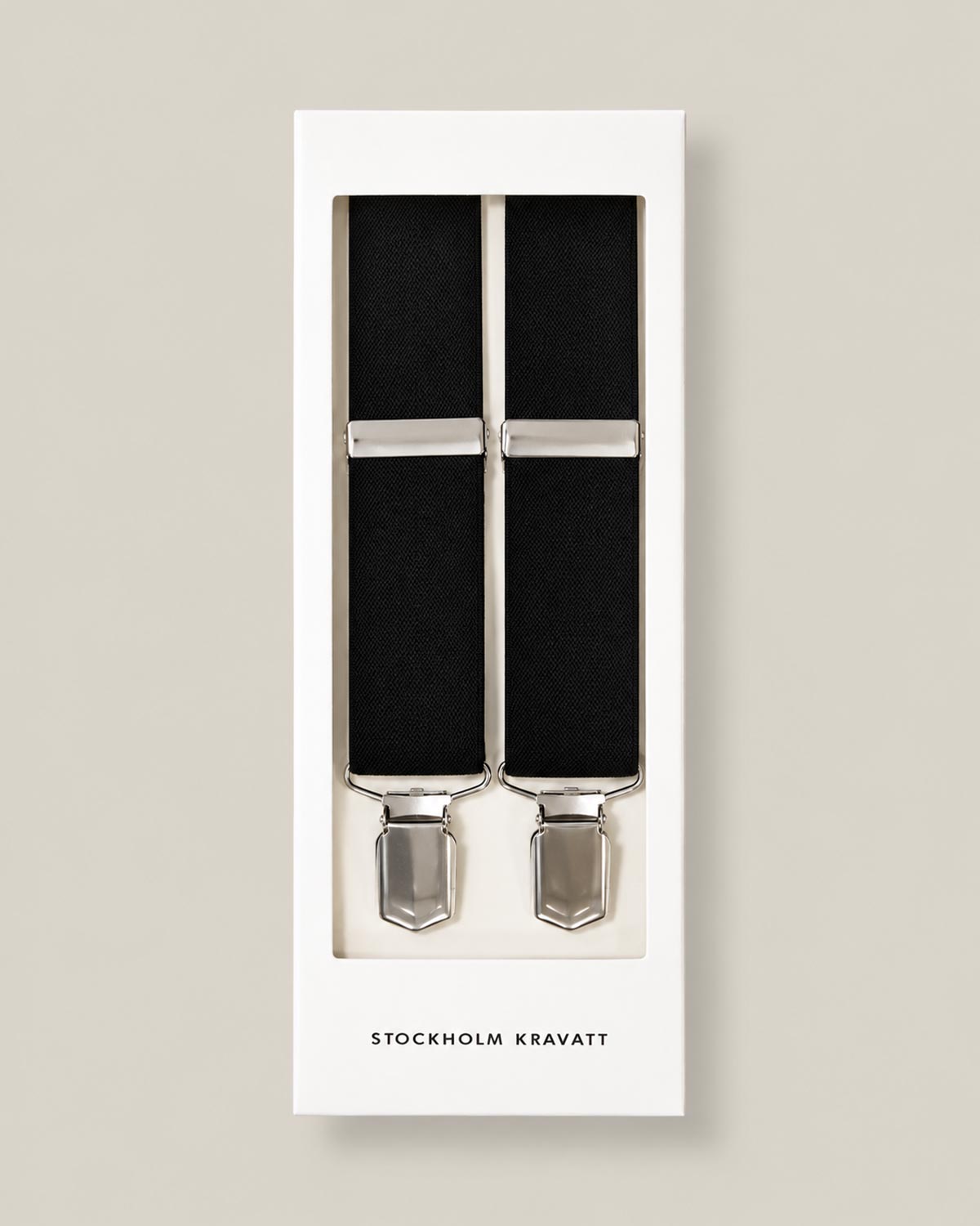 Black silk braces with silver clips presented in Stockholm Kravatt gift box