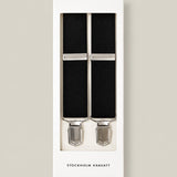 Black silk braces with silver clips presented in Stockholm Kravatt gift box