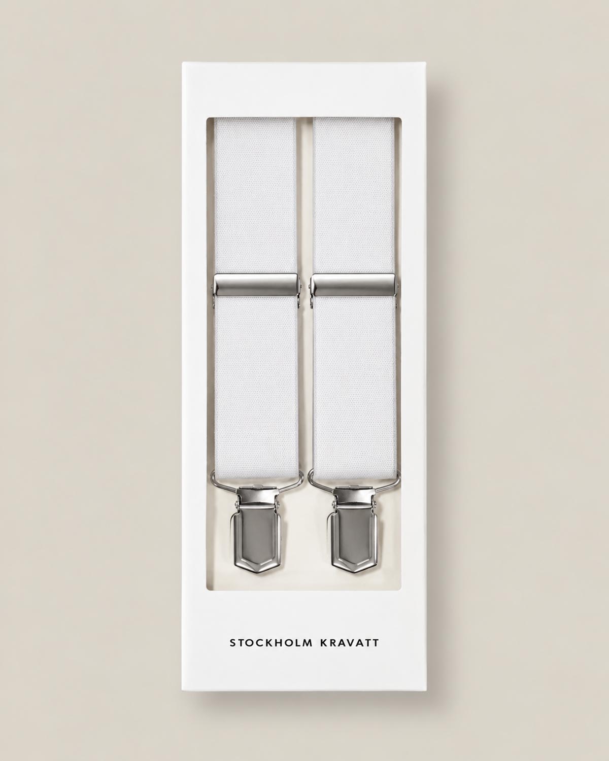 White silk braces with silver clips presented in Stockholm Kravatt gift box
