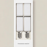 White silk braces with silver clips presented in Stockholm Kravatt gift box